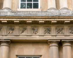 The building is decorated with triglyphs and 525 p The building is decorated with triglyphs and 525 pictorial emblems. The emblems including serpents, nautical symbols, masonic symbols are used. Device